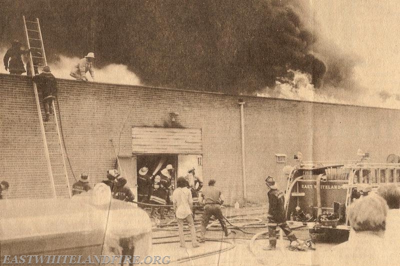 Major fire at Vishay company, Route 30 in Frazer. June 1972. Chemicals involved causing injuries to firefighters.